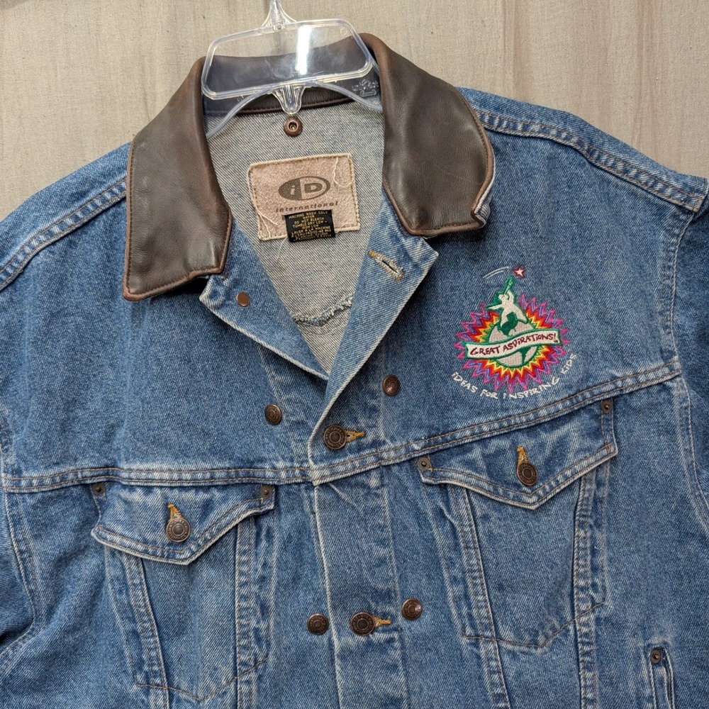 International Denim Mens Large Trucker Jacket Blue Great Aspirations Embroidery